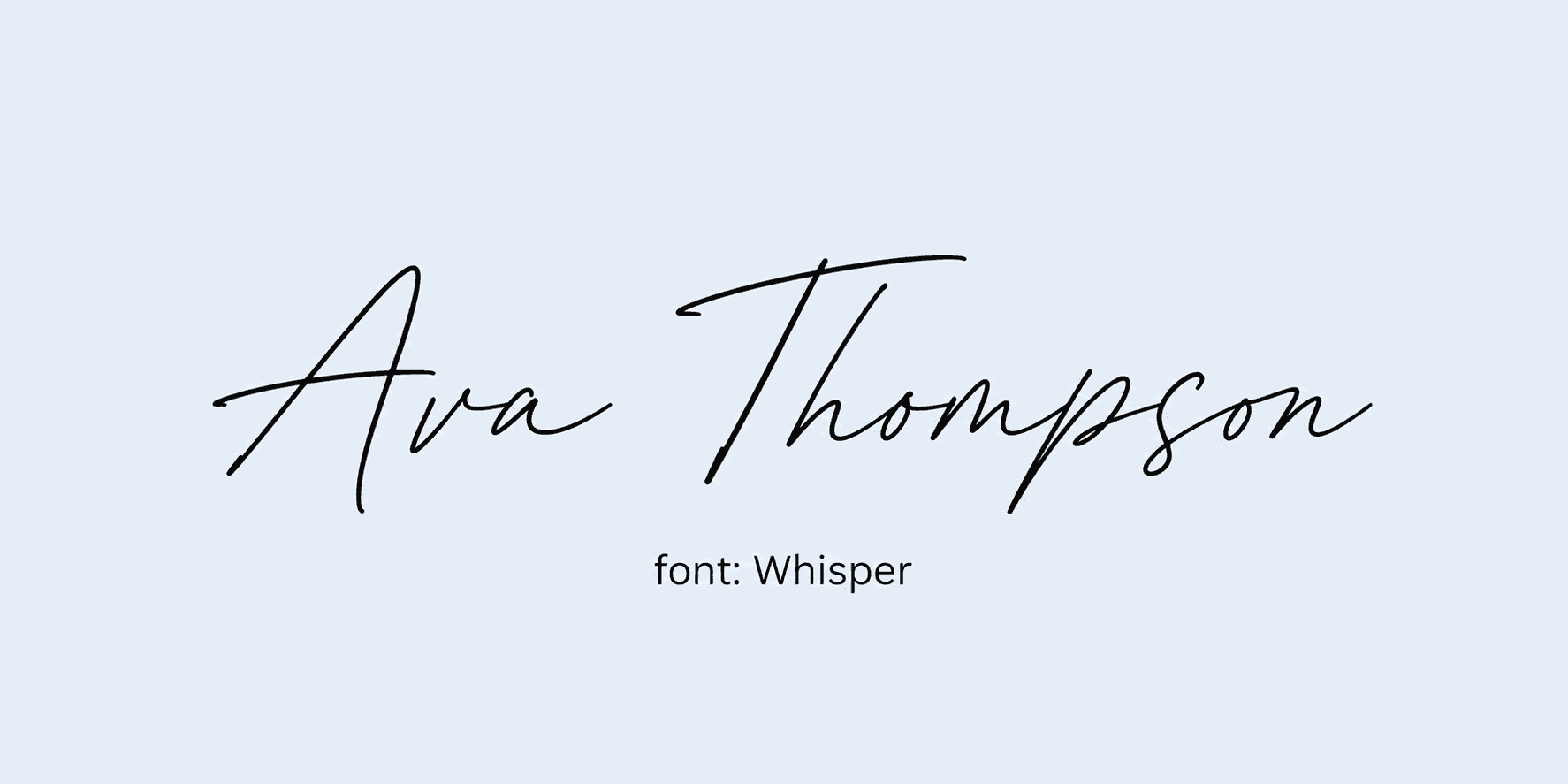 Sample name signed in a cursive signature font on a light background, with the font name labeled below.