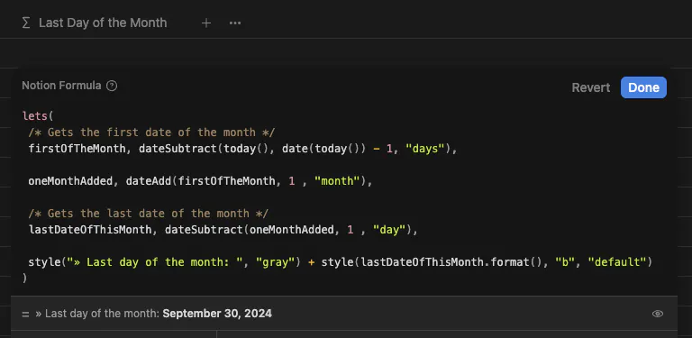 A screenshot of the Notion Formula 2.0 showing how to calculate the last day of the month