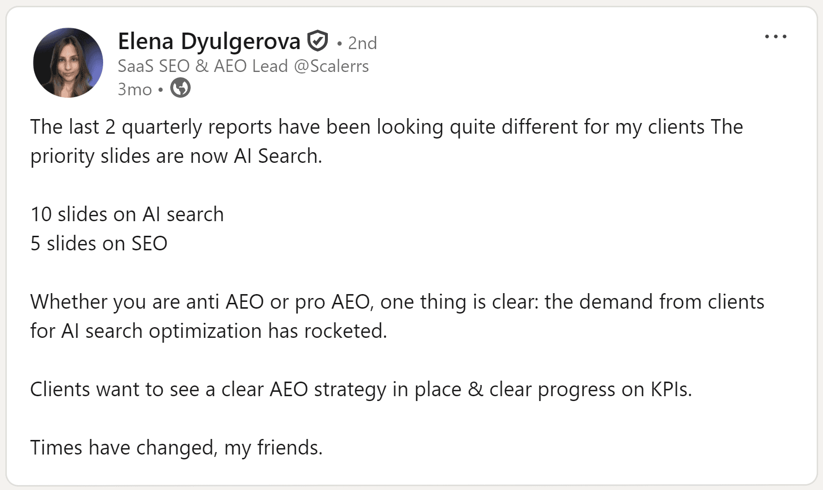 LinkedIn post on the increased demand for AI search tracking
