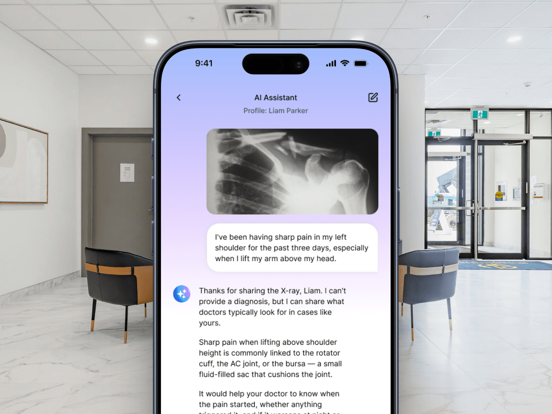 Screenshot of the AI Health Clinic AI diagnostic assistant analyzing a chest X-ray and symptoms in a chat interface, displayed on a phone in a medical room.