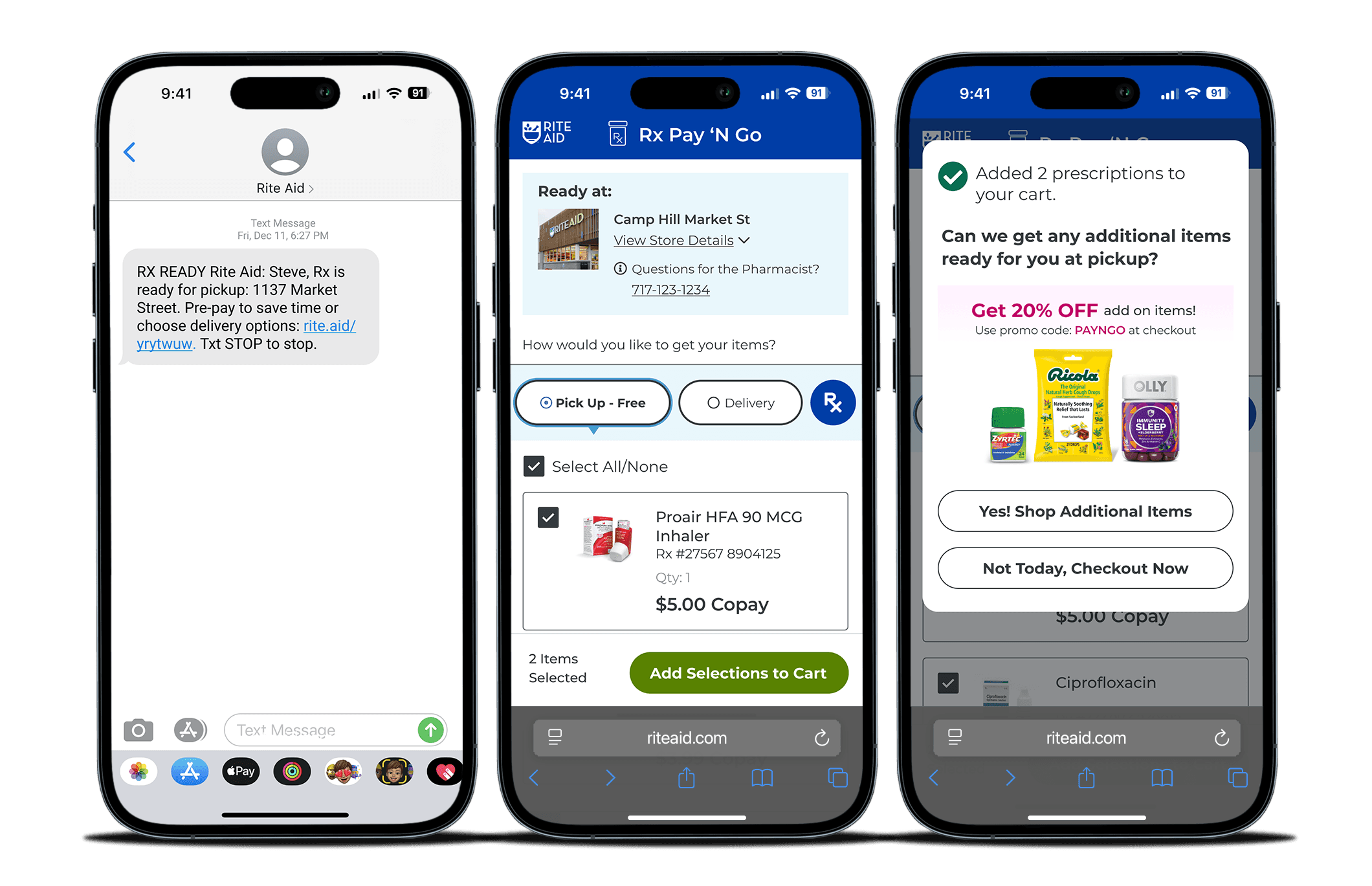 Three iPhones showing the Rx+Ecommerce feature