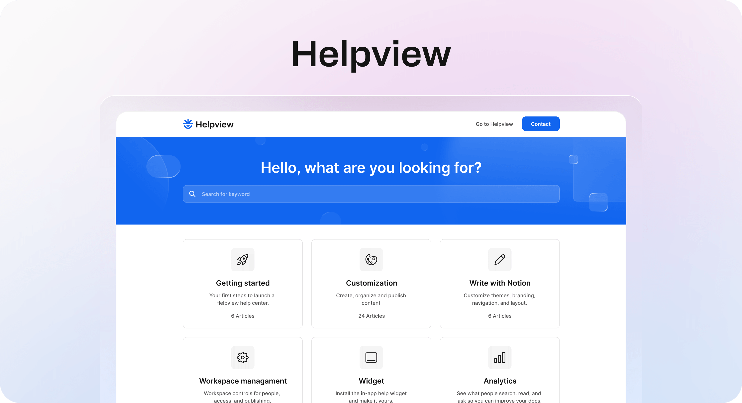 Helpview knowledge base homepage with search bar, support categories, and article cards