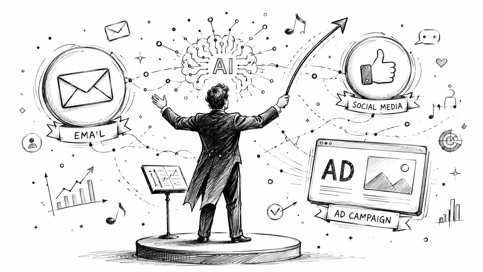 A conductor orchestrating a digital marketing campaign using AI to manage email, social media, and advertising.
