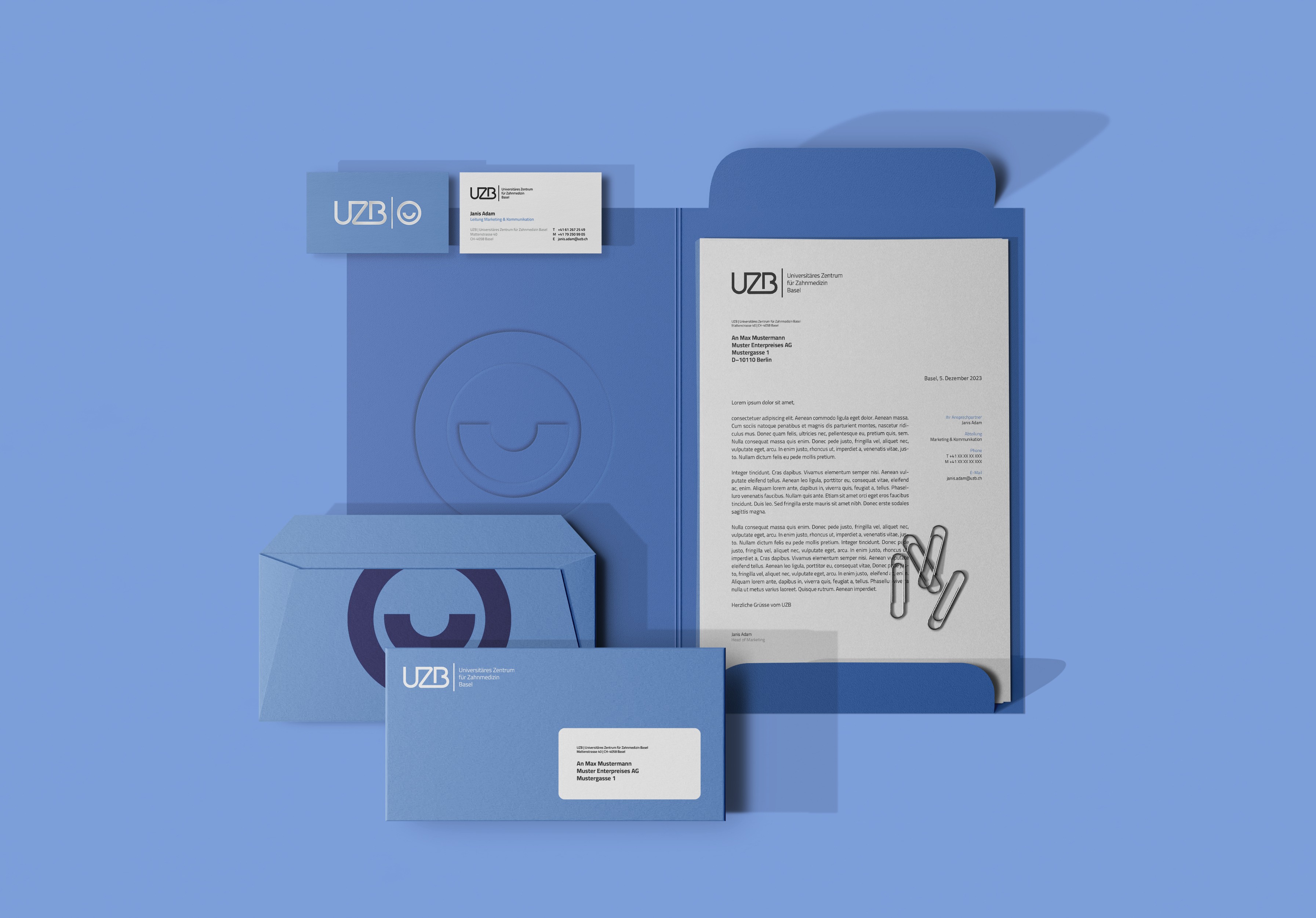 Geschäftsausstattung für die UZB Basel – Briefpapier, Visitenkarten und Formulare im neuen Corporate Design.