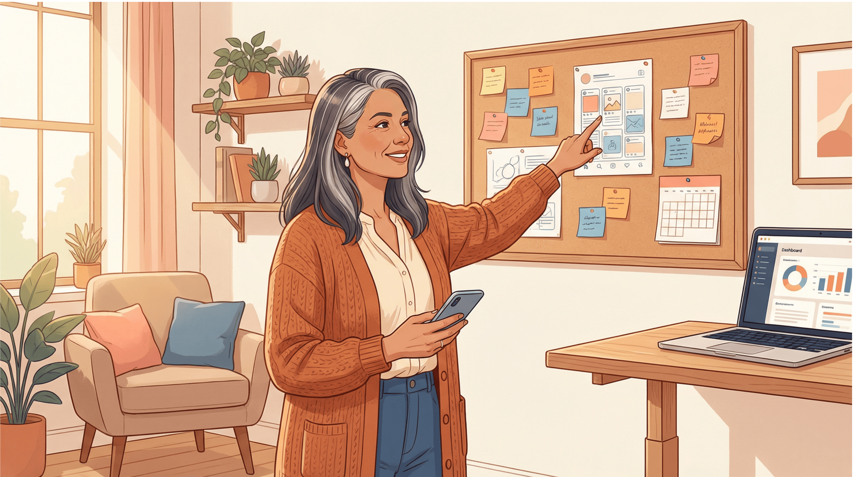 An experienced female entrepreneur in a creative planning studio, developing her social media strategy on a corkboard with notes and calendars. She holds a smartphone and points to the planning board, symbolizing her strategic approach to business growth.