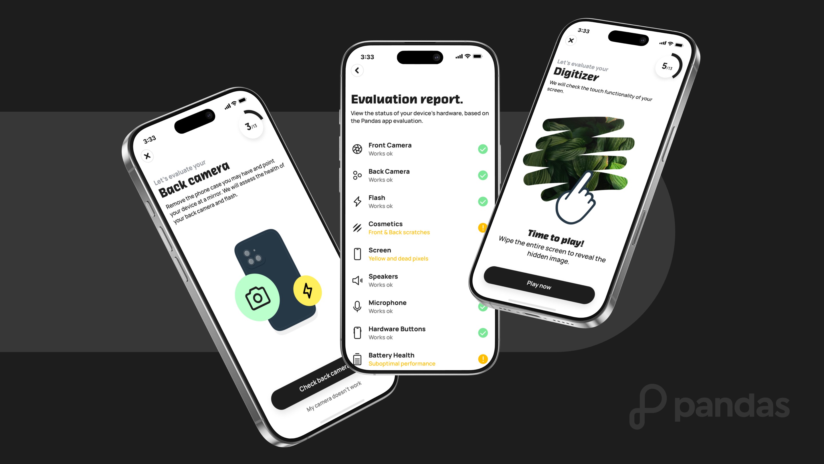 Pandas mobile app showing smartphone grading steps and device hardware evaluation