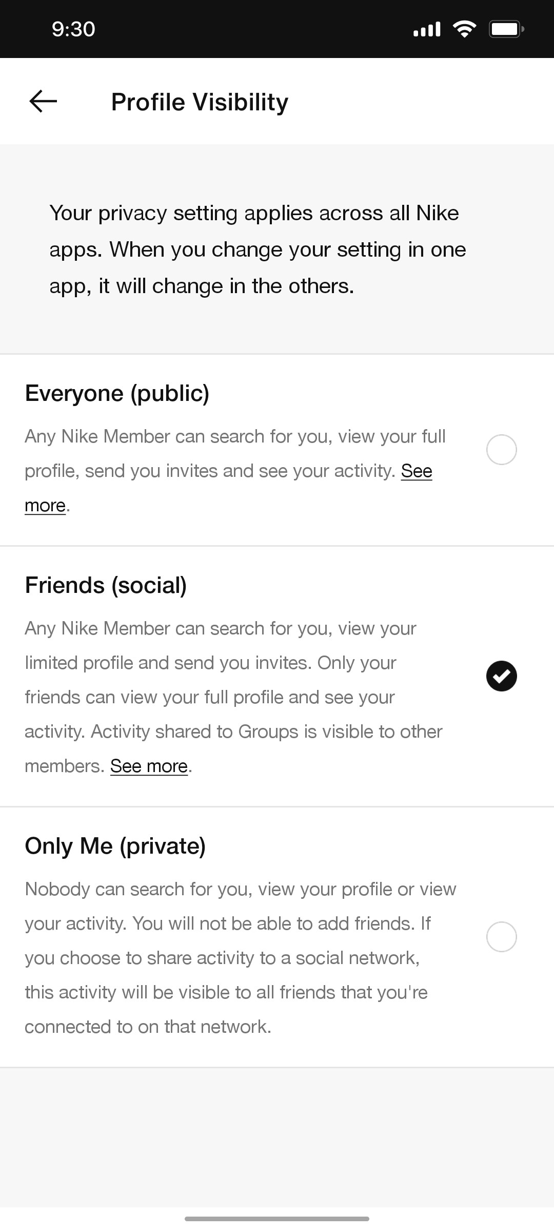 Nike App  Pofile Visibility Screen