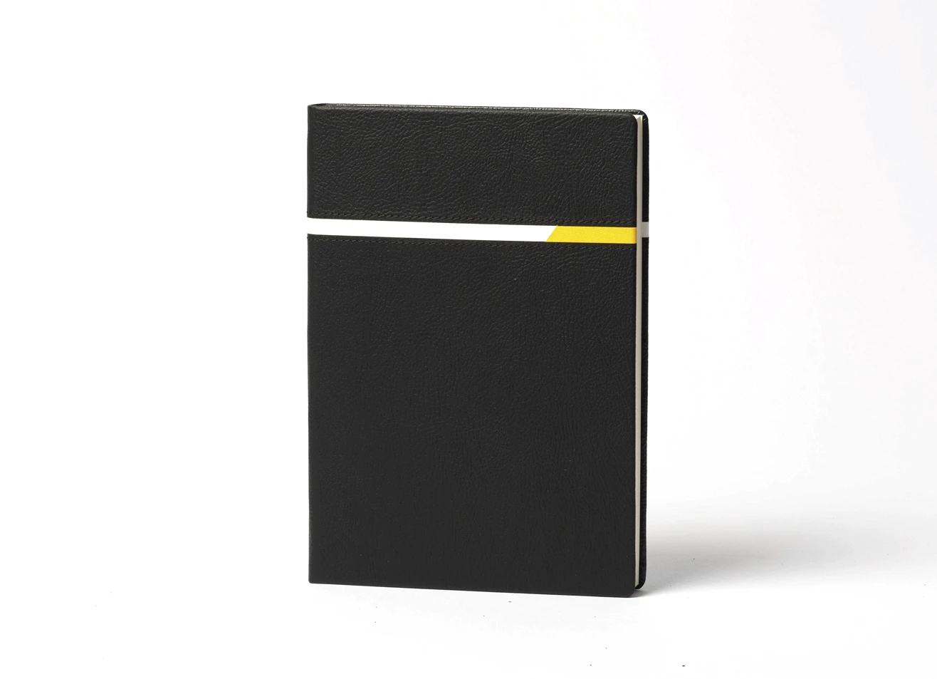 Front view of black notebook with horizontal accent design.