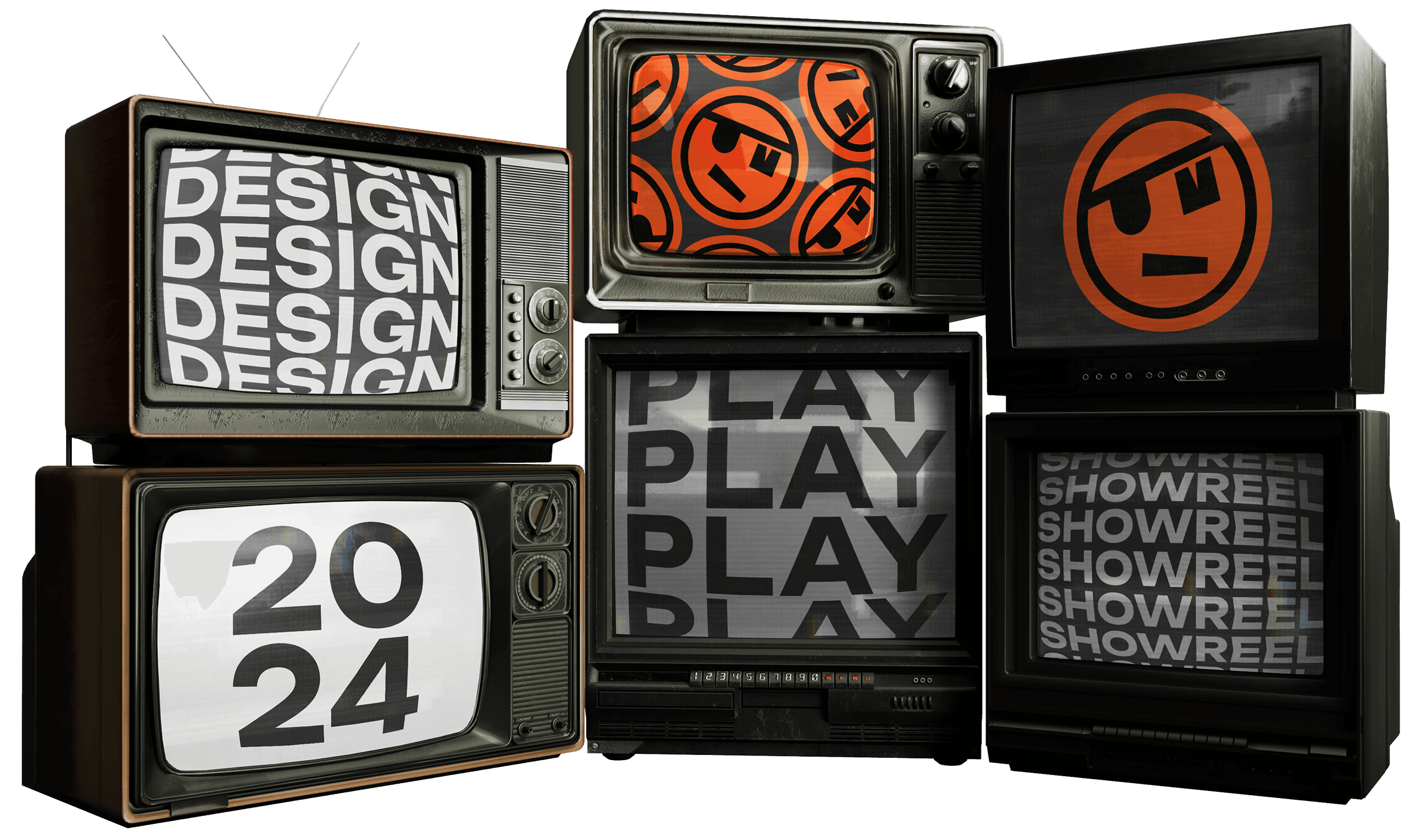 A stack of six vintage television sets against an orange background, displaying "2024," repeating text for "DESIGN," "PLAY," and "SHOWREEL," and pirate-themed icons.