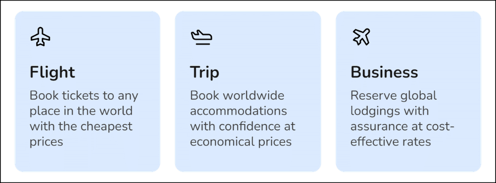 Block of features with icons and descriptions for Flight, Trip, and Business services.