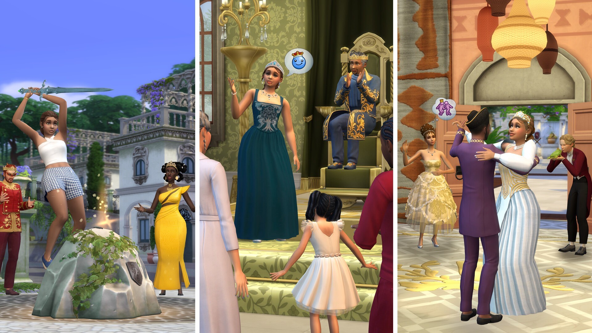Screenshot Les Sims 4 Héritage et Royauté sur PC Mac EA App, cérémonie royale avec couronne et discours officiel, mécaniques de succession et vie de cour