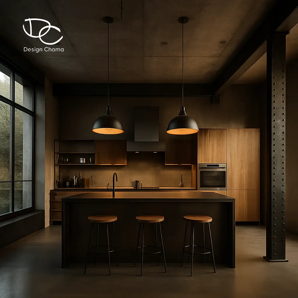 Industrial μοντέρνα κουζίνα με σκυρόδεμα, μεταλλικά στοιχεία, ζεστό φωτισμό και μεγάλο κεντρικό νησίδα, αρχιτεκτονική αισθητική Design Chama.