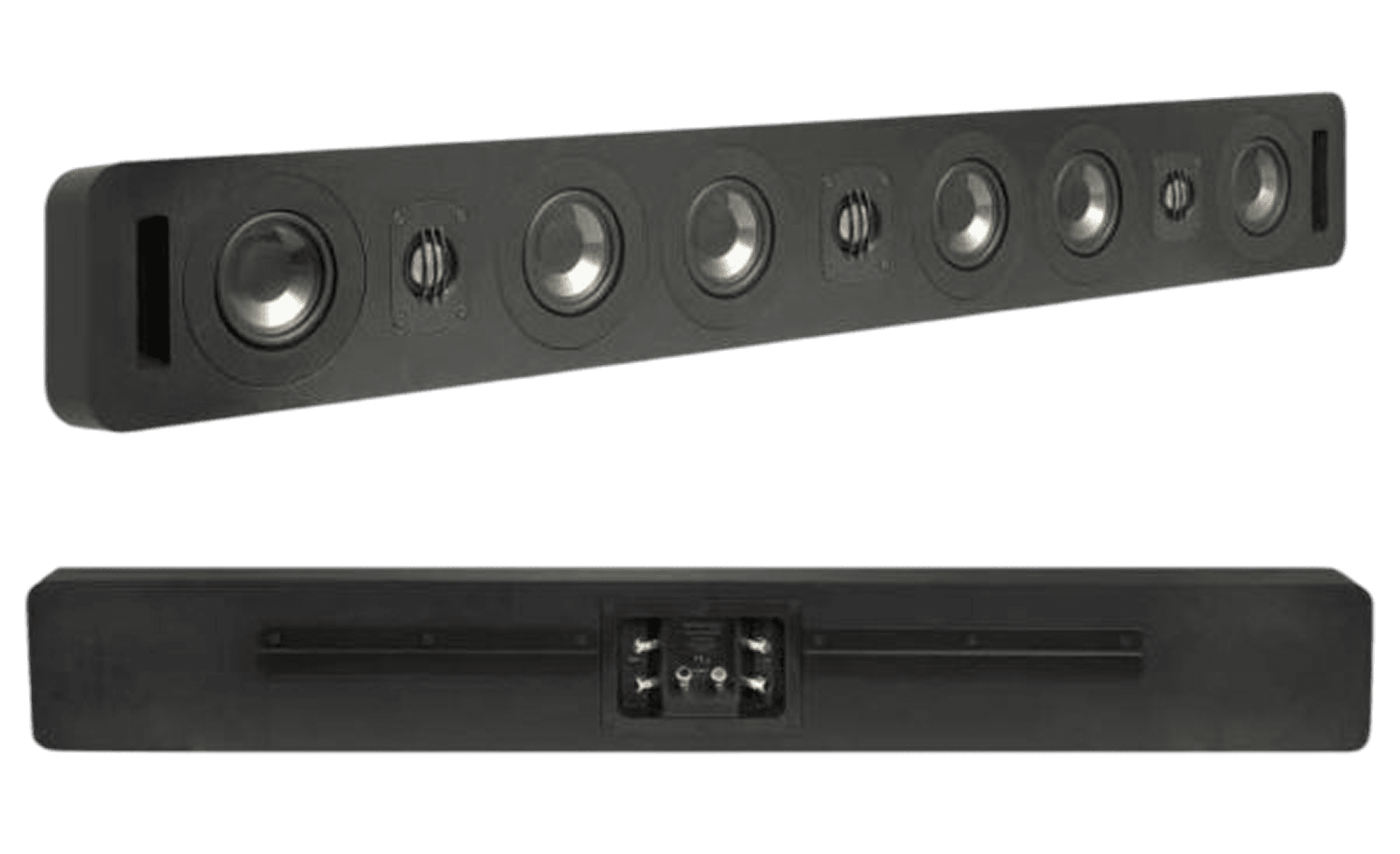 Black soundbar with multiple speakers and back connections