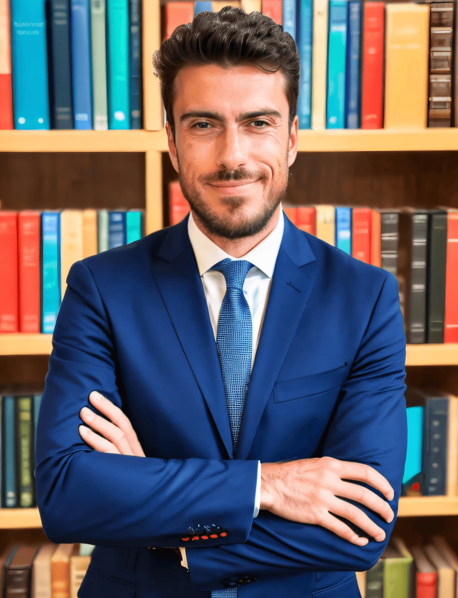 Gianluca Sidoti in a blue suit standing with crossed arms in front of bookshelves.