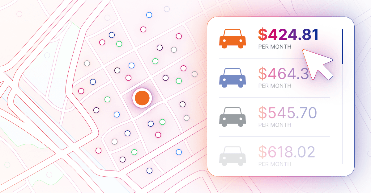 Map showing a variety of small, differently-colored dots representing cars, with individual payments displayed in a window on the right. One large orange dot is in the middle, corresponding to the top payment result: $424.81 per month. The payments increase as the list ascends: $464.31, $545.70, $618.02 per month. A cursor hovers over the top result.