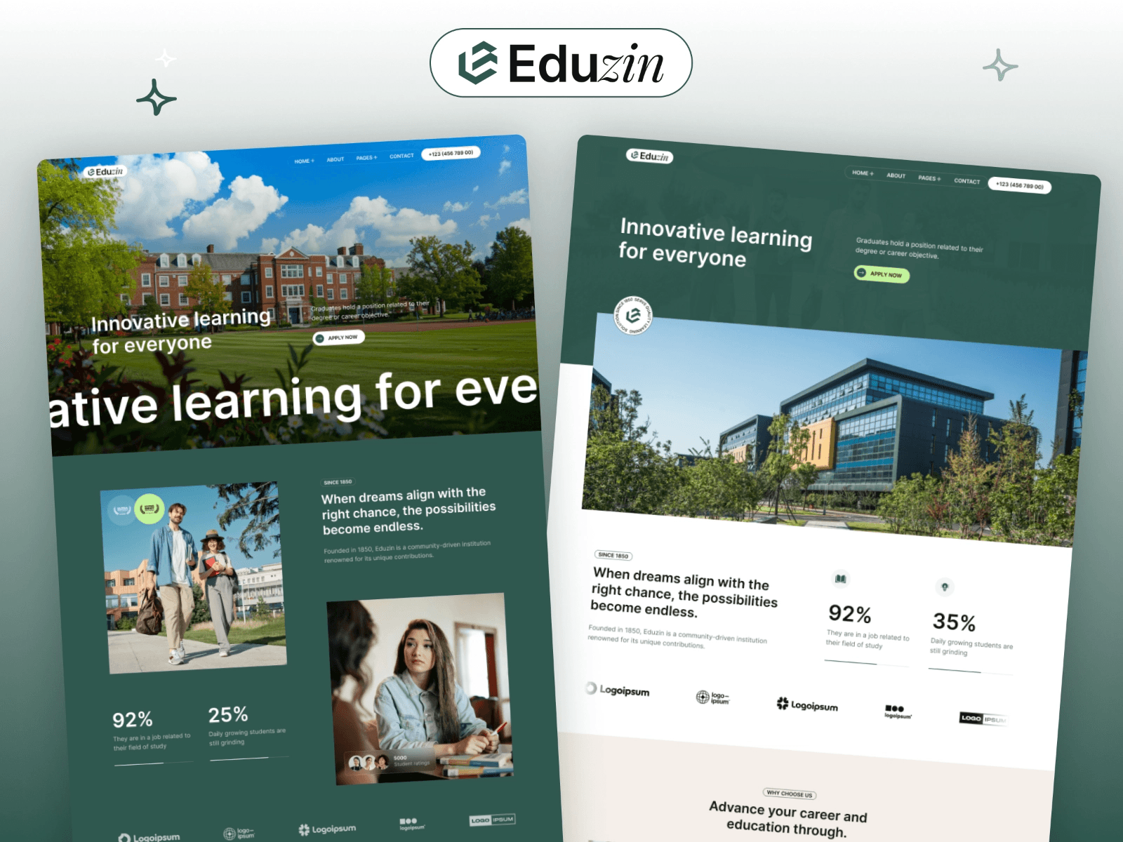 Eduzin education website template featuring a brick university campus and green UI.