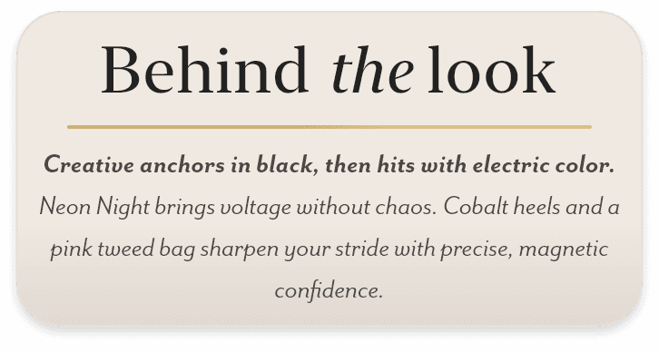Styling rationale card explaining Creative aesthetic with black base and electric accents