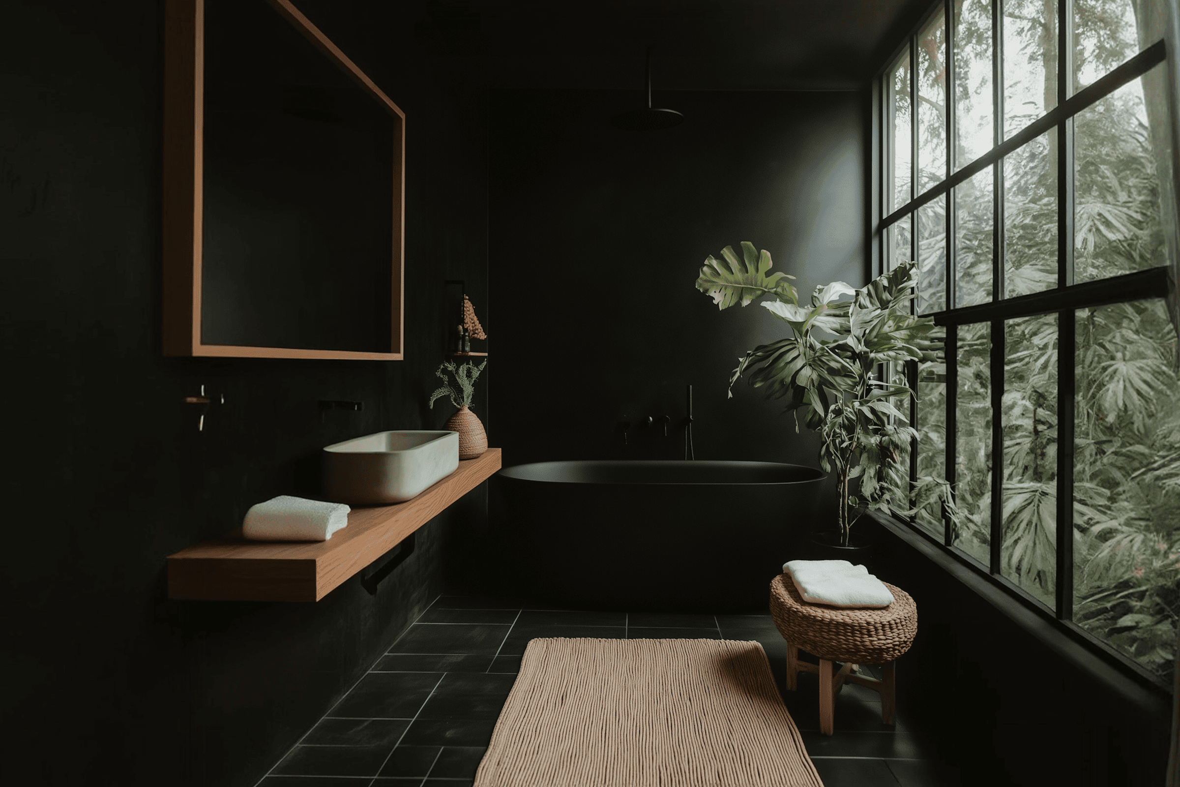 Dark theme washroom with plants view from window