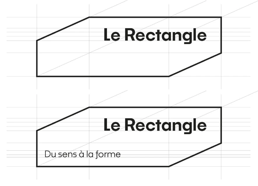 Construction du logo Le Rectangle sur une grille montrant les proportions du cartouche et des textes.