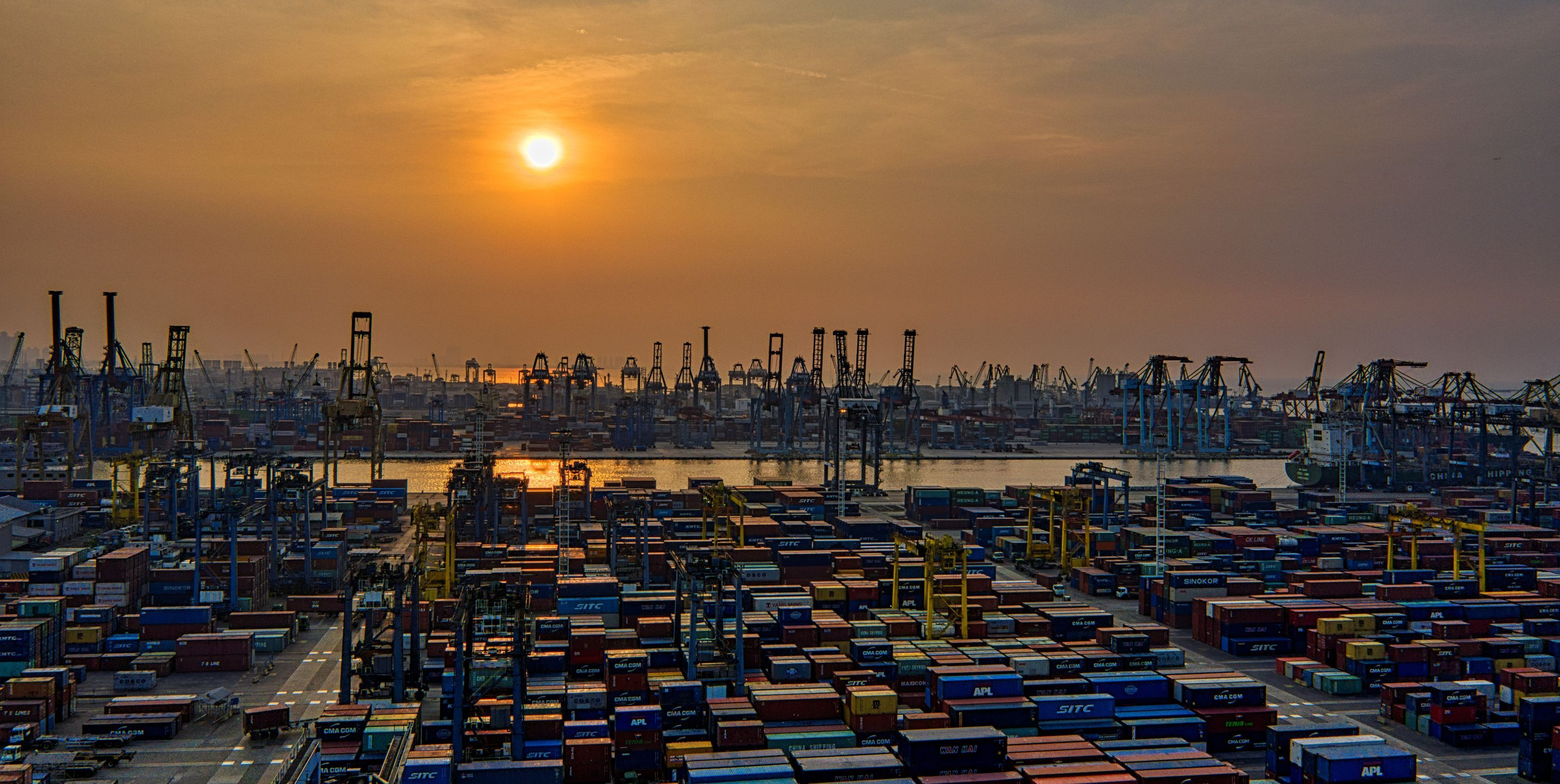 Sunset on a commercial port