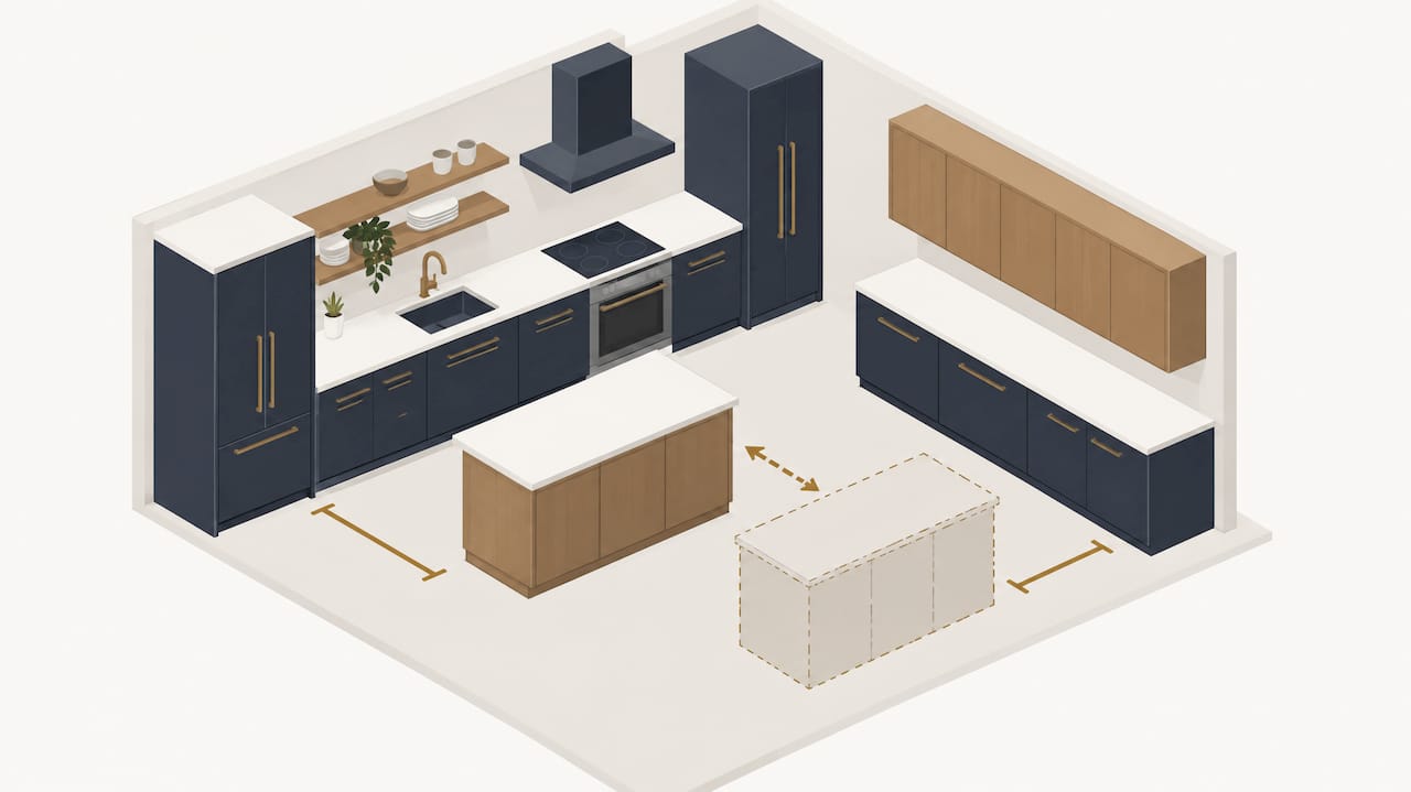 Movable island positioned within kitchen clearance