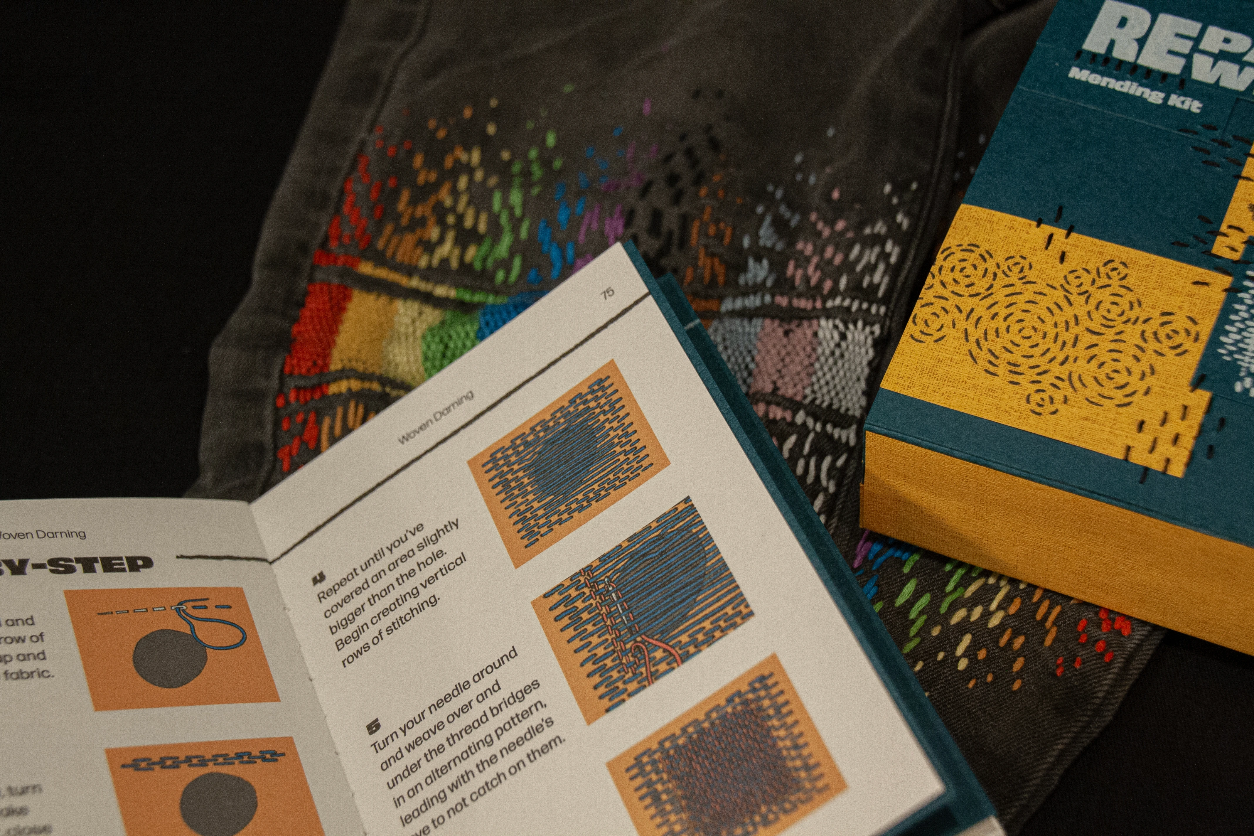 Open guide book showing step-by-step illustrations on top of jeans