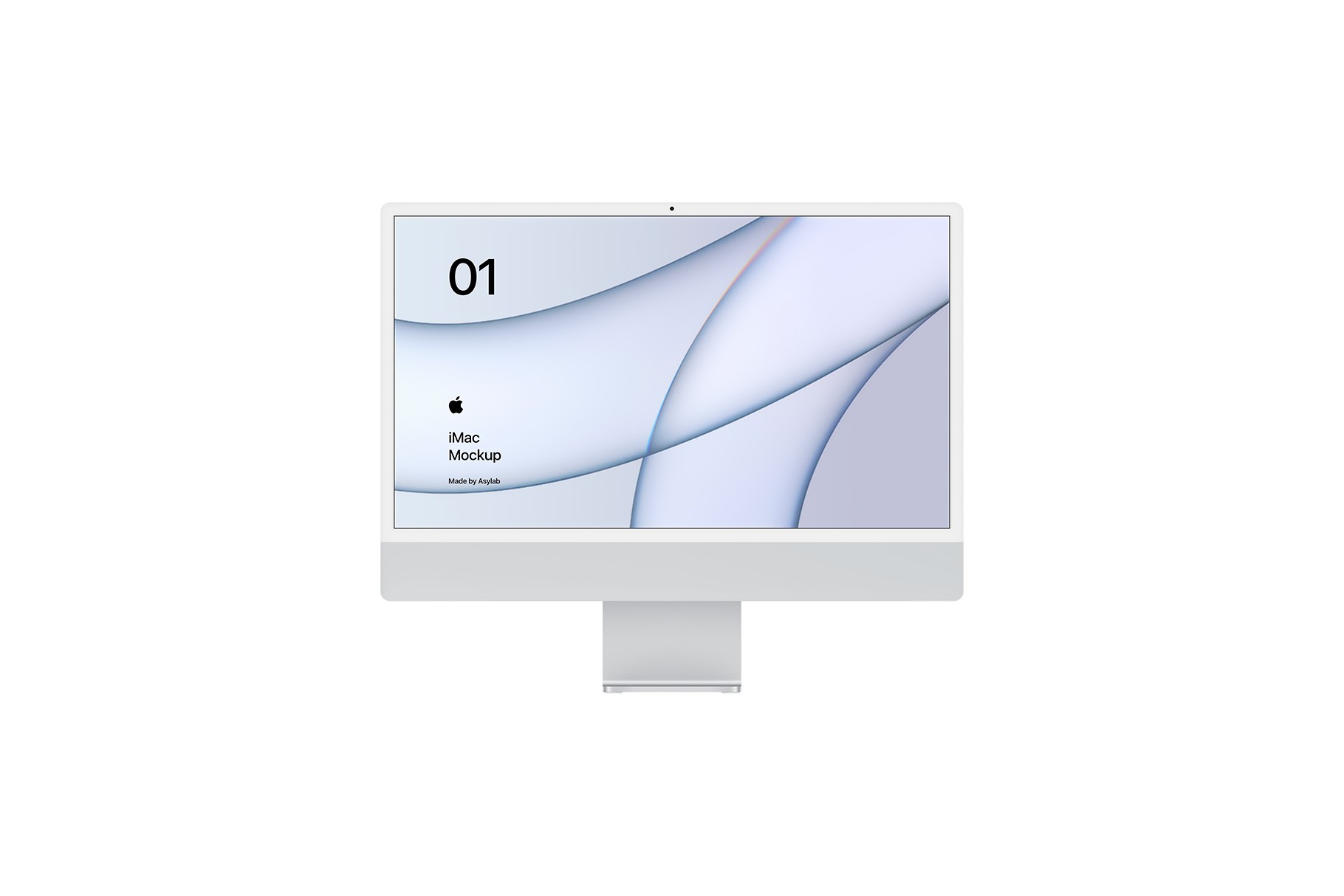 Front view of a silver iMac 2021 mockup with a clean, abstract background.