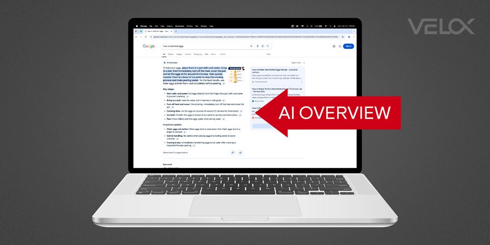 A computer screen with an arrow pointing to the Google AI Overviews for how to hard boil eggs.