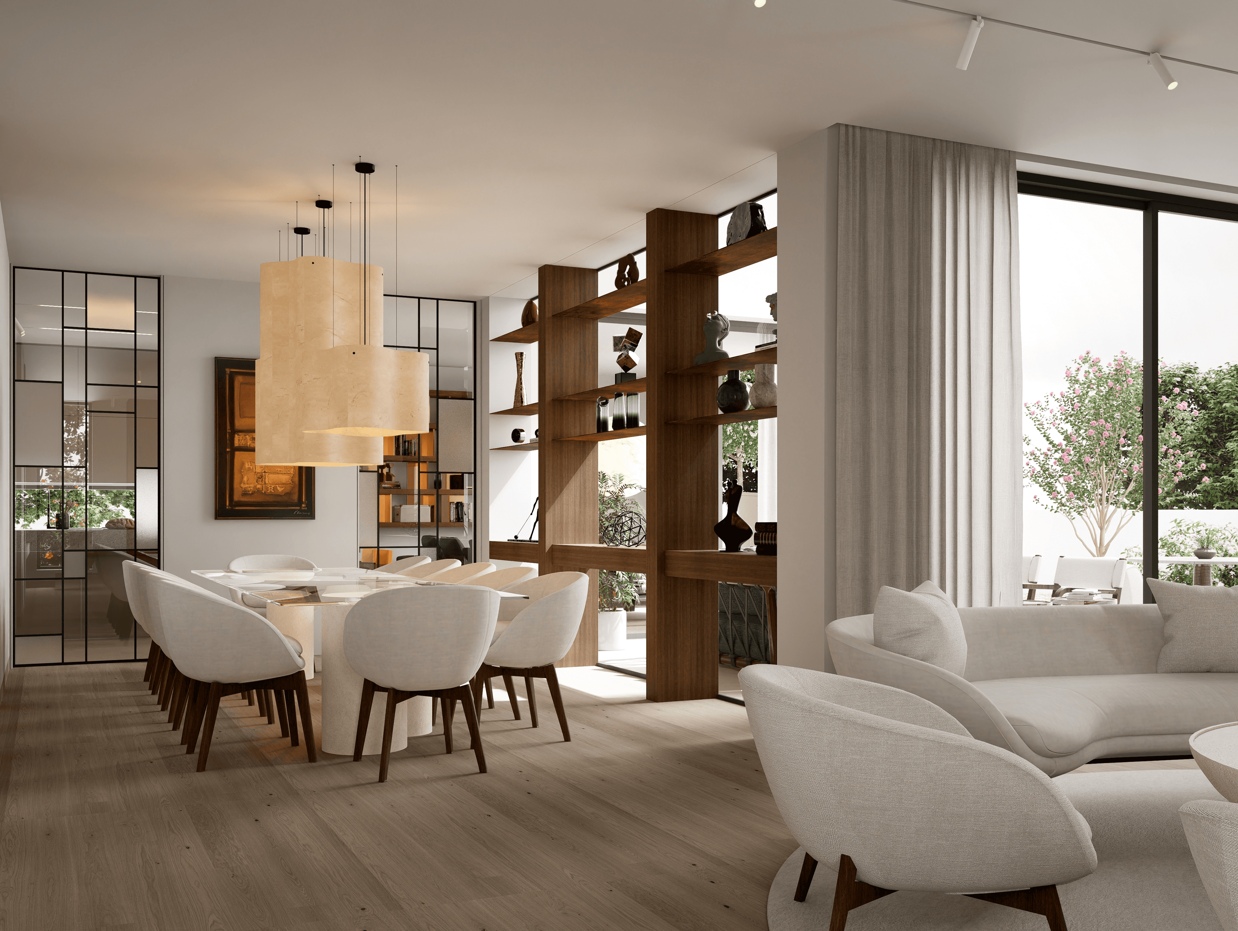 Uplifting residential interior design in Cyprus, utilizing a palette of soft neutrals and warm timbers to enhance psychological well-being