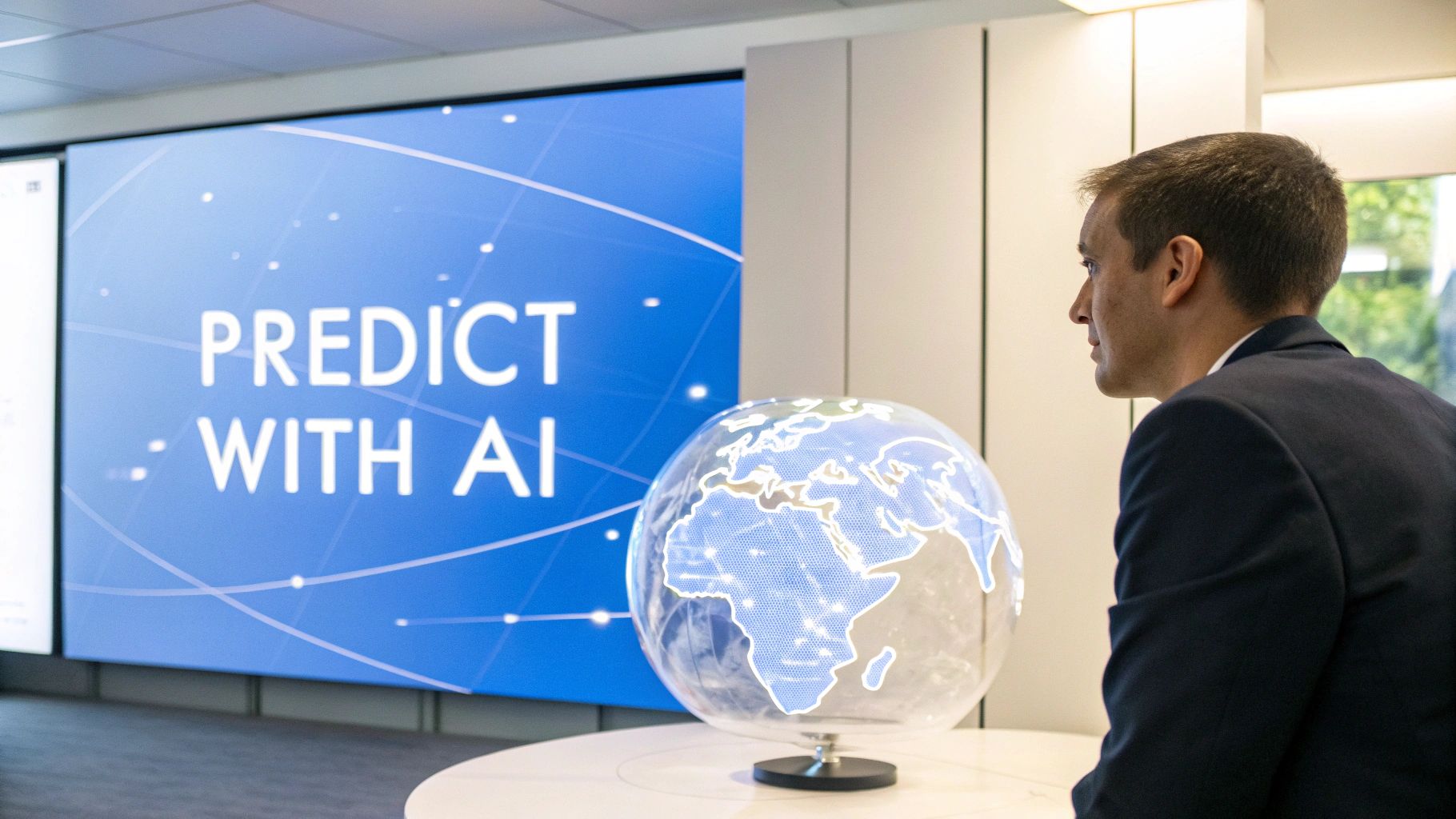 An illustration showing a crystal ball reflecting data charts and trend lines, symbolizing AI's predictive capabilities in decision making.
