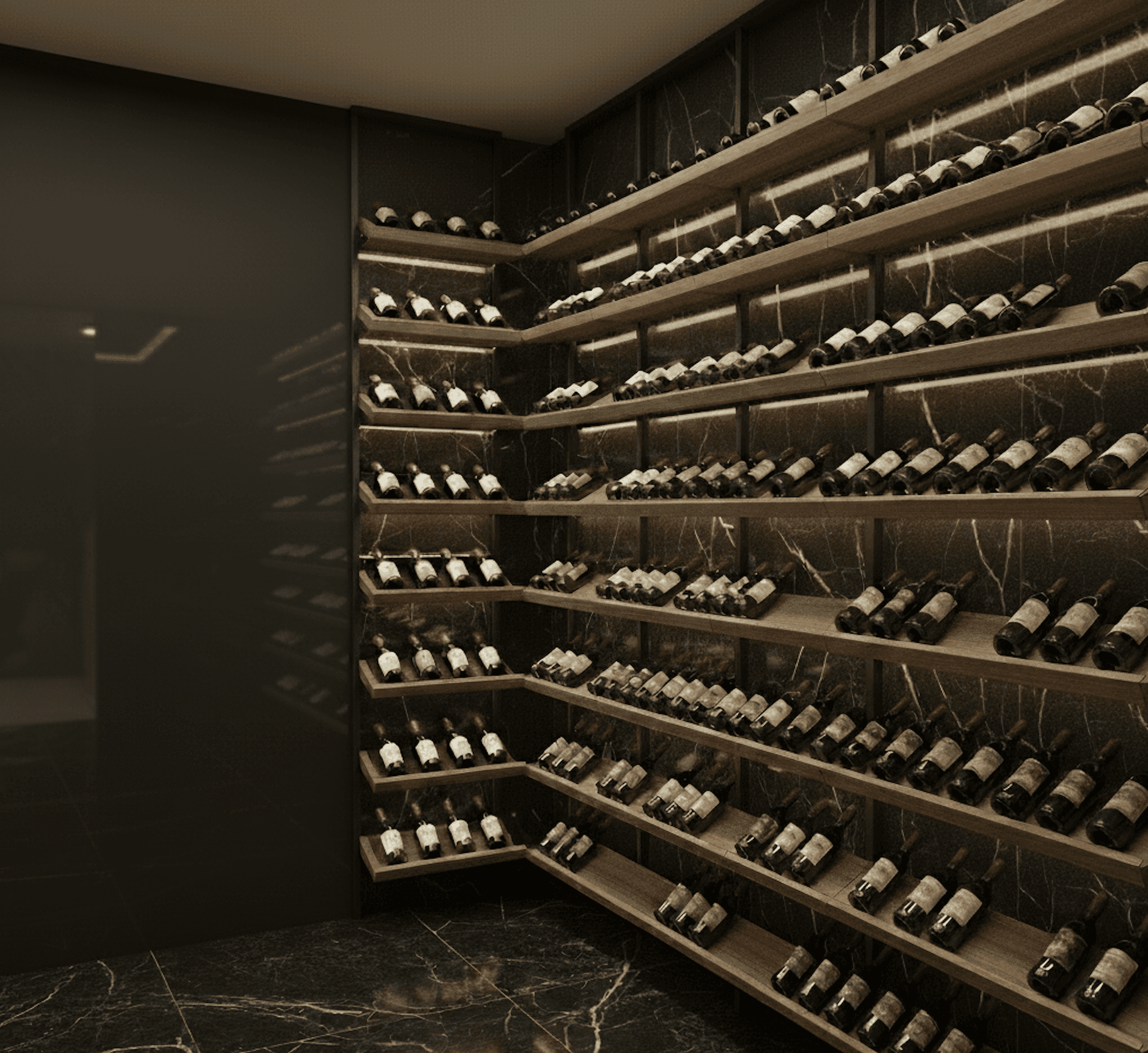 Corner view showing continuous black marble slabs and floor-to-ceiling posts supporting walnut angled display racking in Westlake, Texa