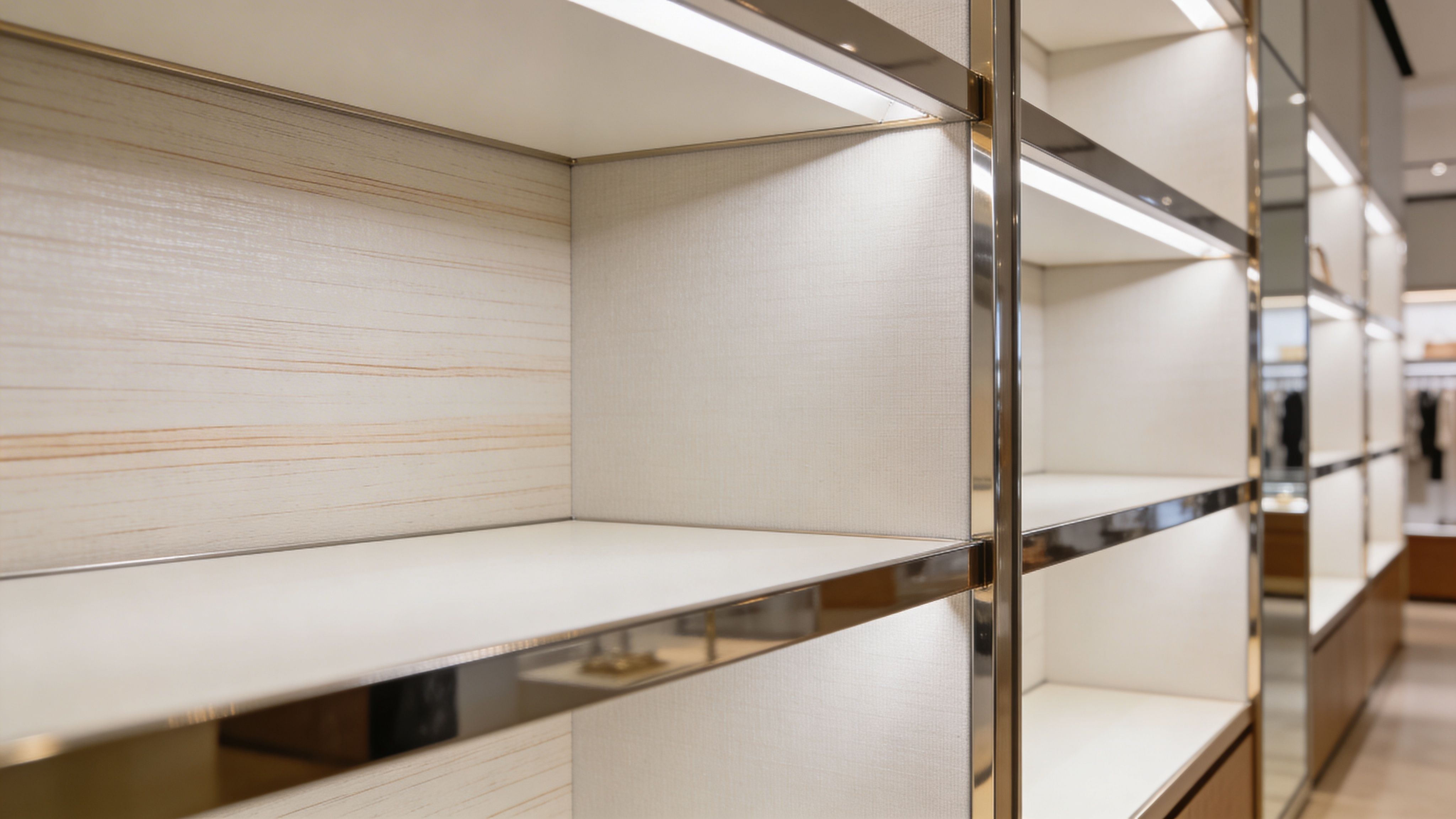 Close-up of modern retail shelving with metallic trims and clean, minimal display surfaces
