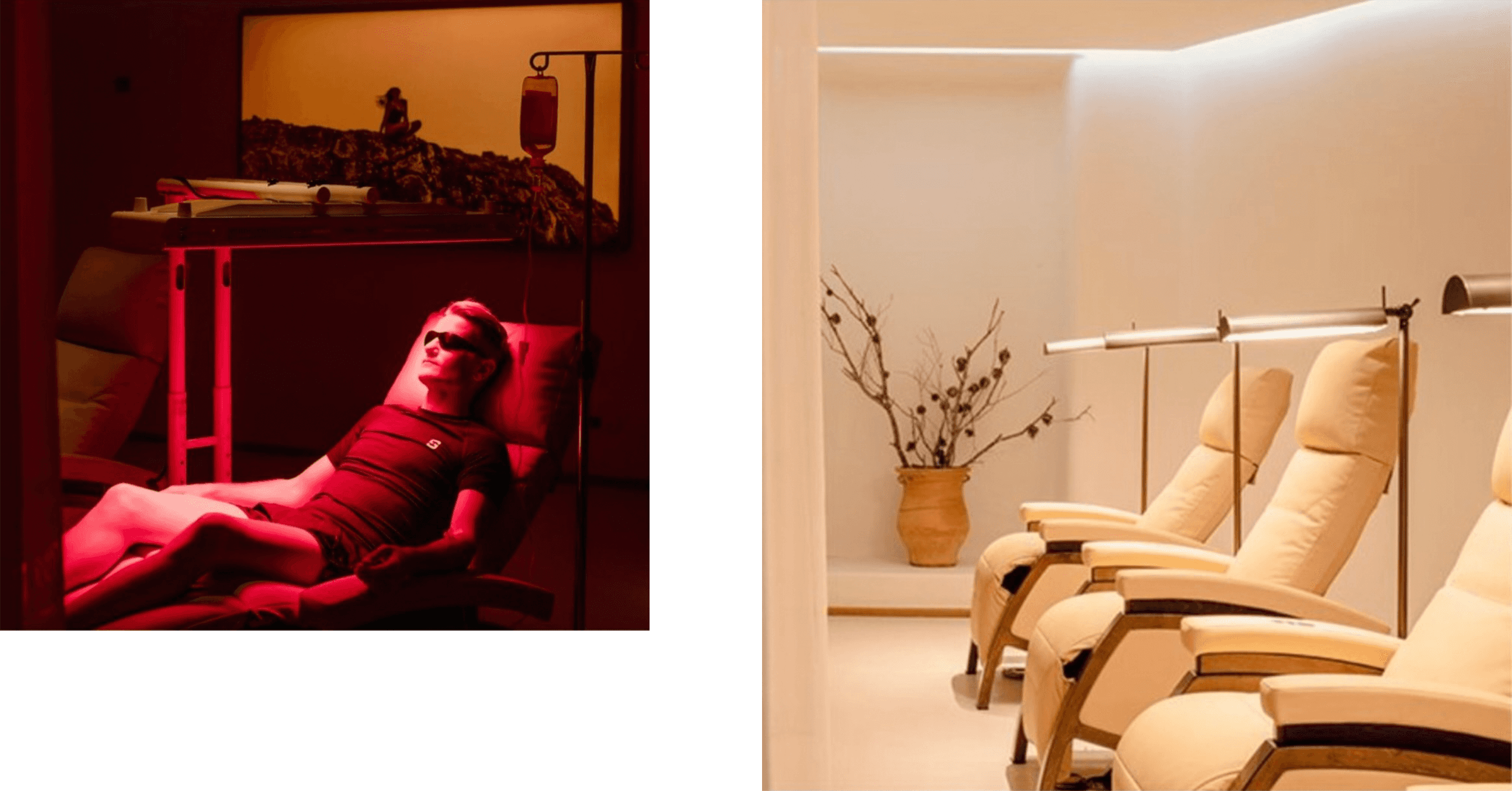 Person reclining under red light therapy in a dim wellness room