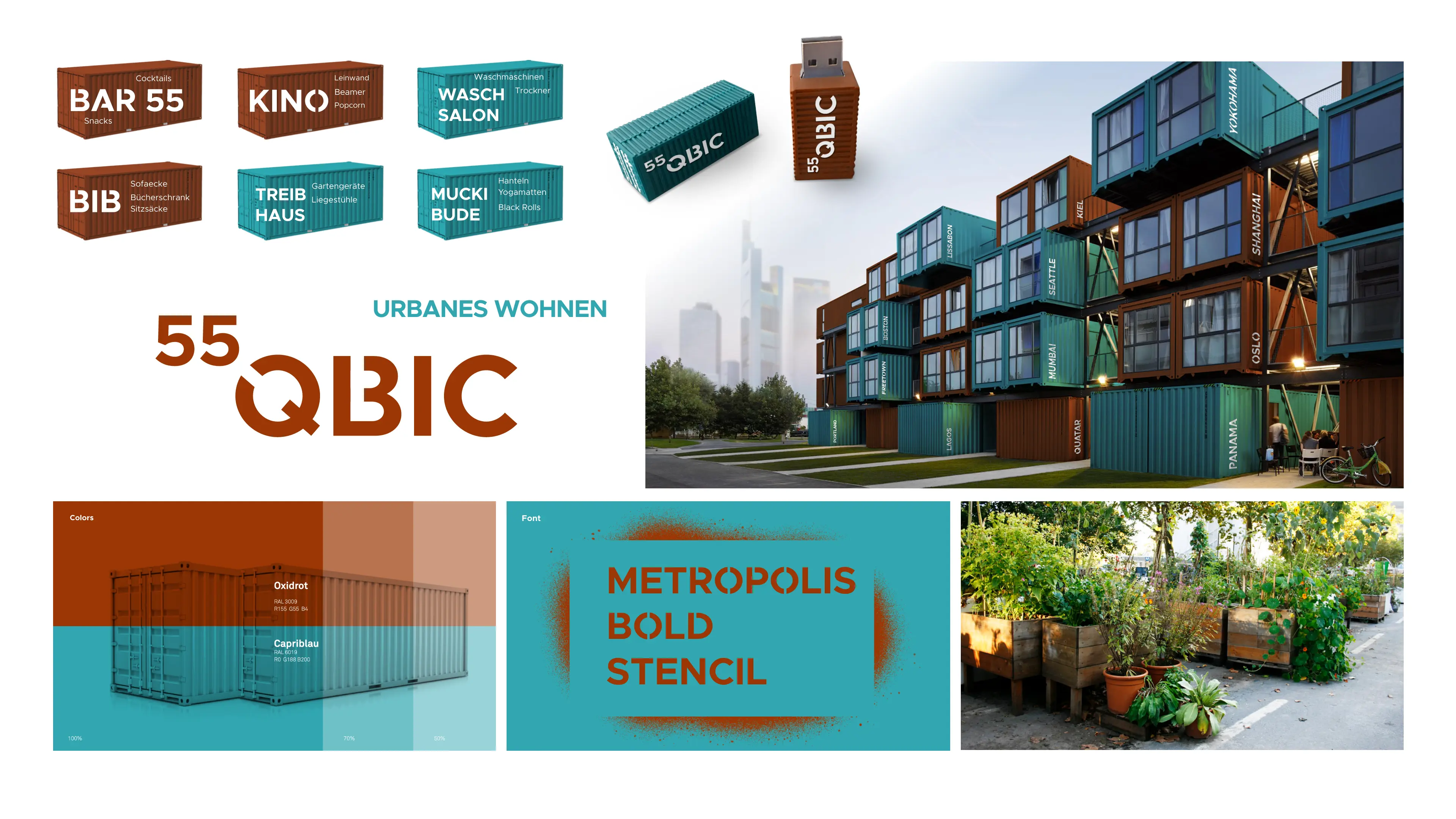 Das konsistente Brand Design für ein Wohnraumprojekt in Frankfurt. Die Farben Rotrot und Petrol harmonieren ideal für alle Anwendungen.