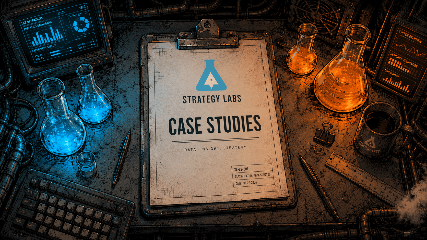 Case Study clipboard with a Strategy Labs logo on a desk surrounded by computer peripherals and science beakers