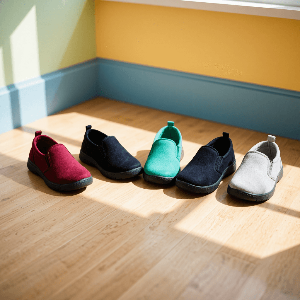 product photography of a collection of casual slip-on shoes for children