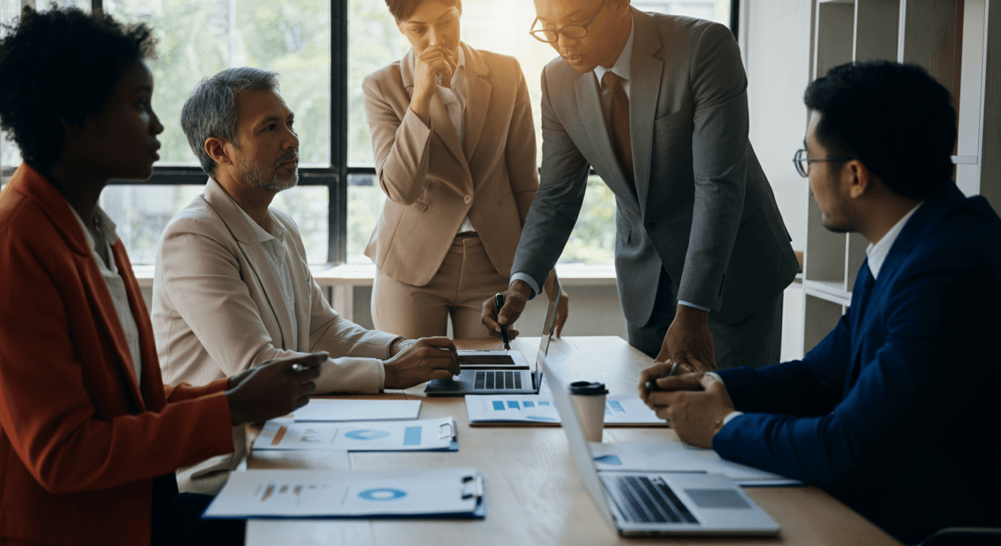 Diverse business team collaborating around conference table with financial charts and laptop, bright modern office, professional attire, engaged discussion, natural lighting, corporate photography