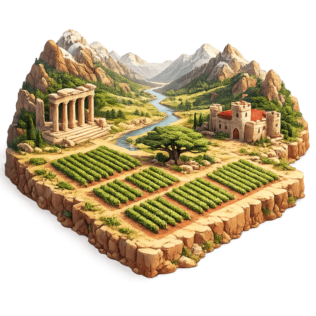 Artistic illustration of the Bekaa Valley wine region.