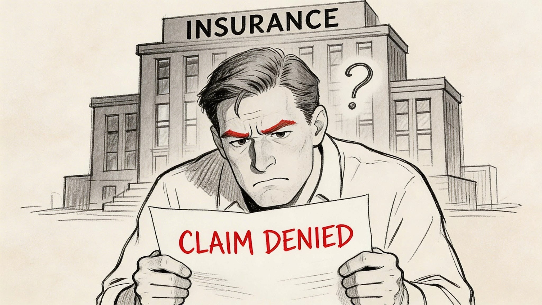 A frustrated man holding a paper with the words Claim Denied in front of an insurance building.