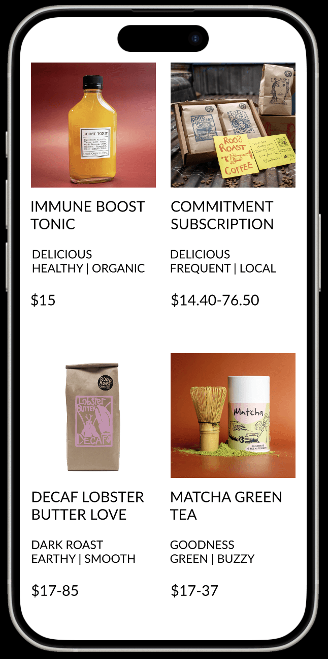 iphone mockup of the search results on the redesigned RoosRoast product list page