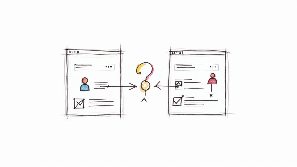 A split-screen graphic showing two different versions of a landing page side-by-side, representing an A/B test.