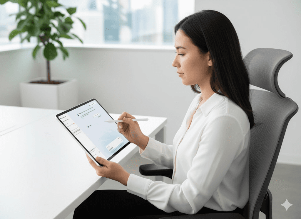 Mental health professional using CompliantChatGPT on a tablet to generate clinical notes and progress reports efficiently, focusing on patient care instead of paperwork.