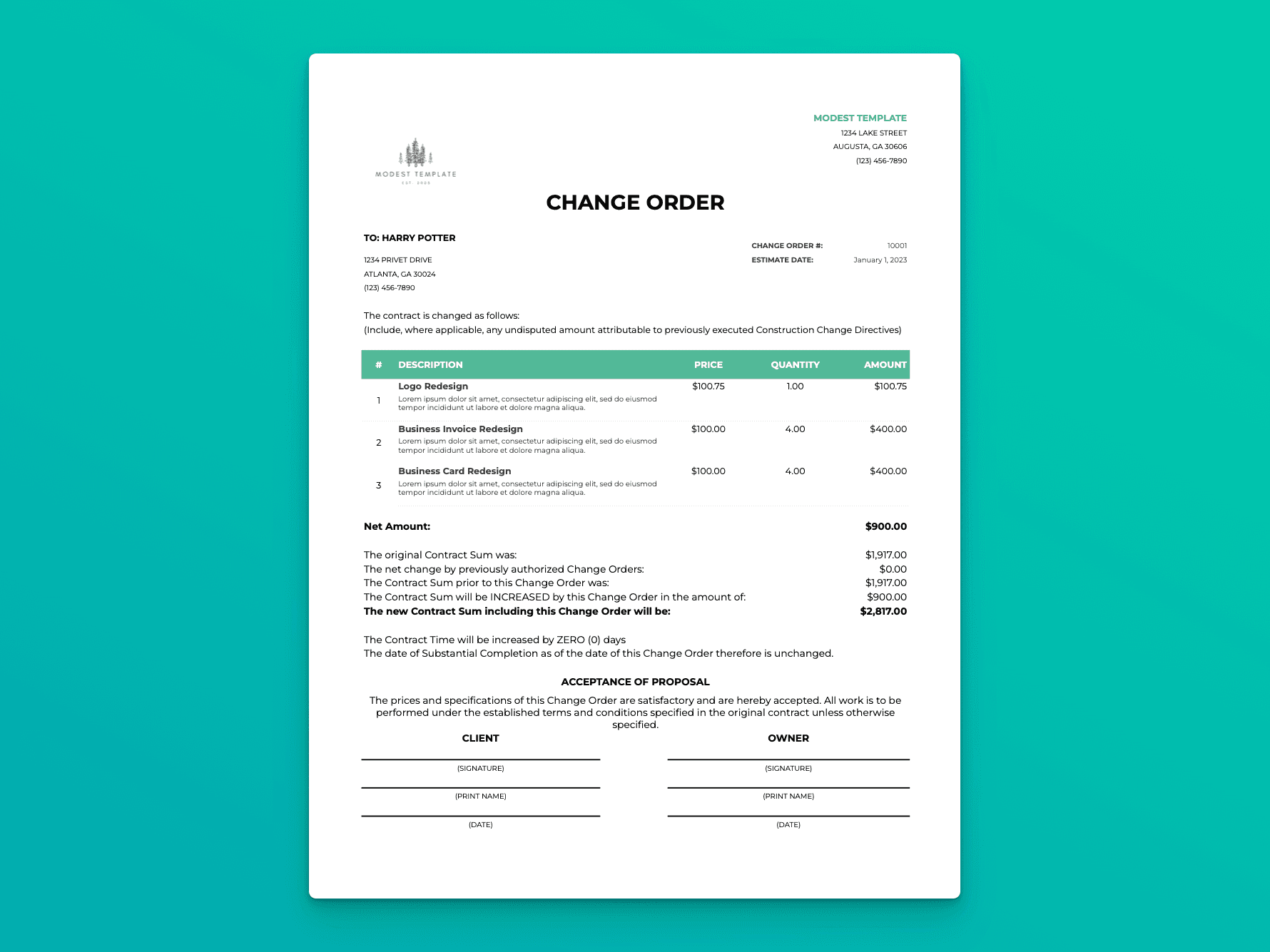 Change Order template showing editable project revisions and updated contract totals in a clean, professional layout.