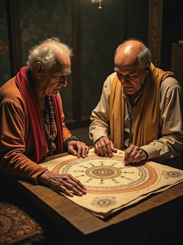 Two elderly men intently playing a board game at a wooden table, surrounded by a warm, dimly lit atmosphere.