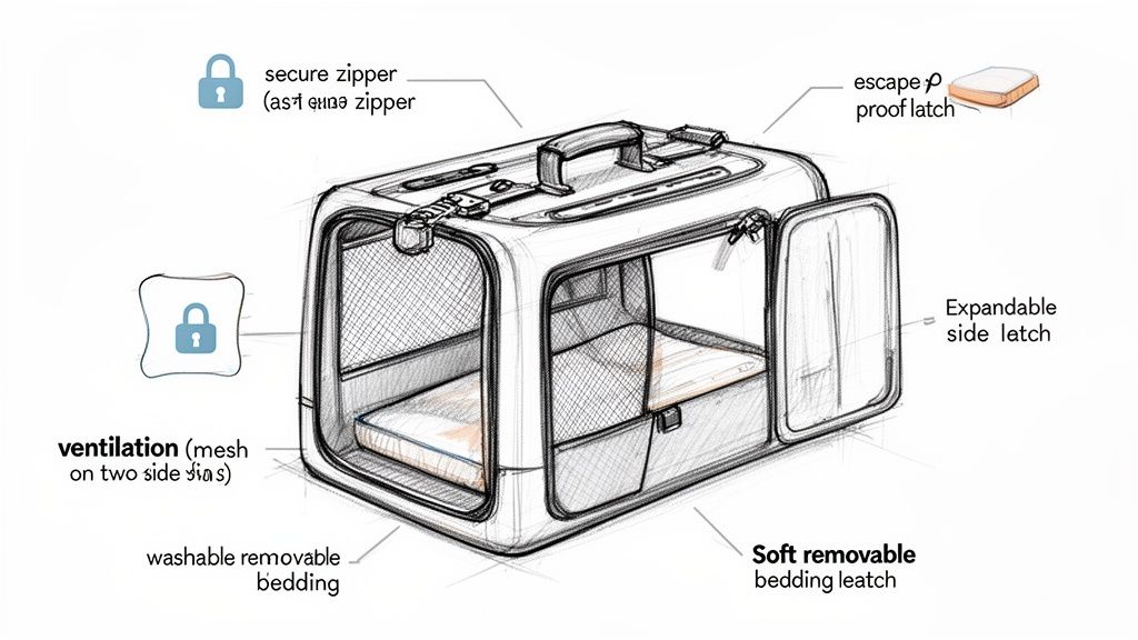 Detailed sketch of a portable pet carrier with secure zippers, escape-proof latch, mesh ventilation, and removable bedding.