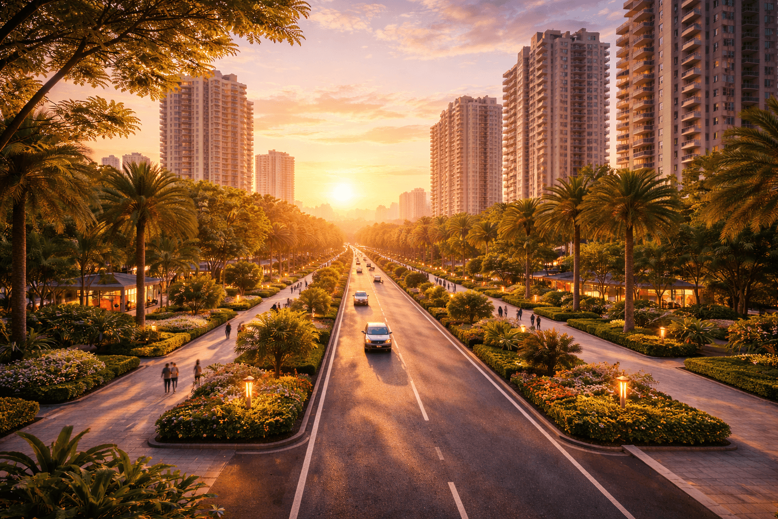Sunrise view of wide landscaped residential boulevard with modern homes in Sector 36B Gurugram