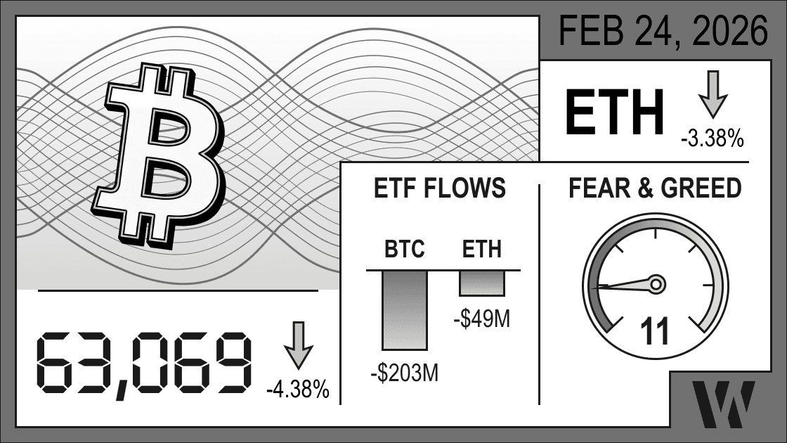 Feb 24, 2026 crypto snapshot – Bitcoin at 63,069 (–4.38%), Ethereum down –3.38%; ETF flows negative: BTC –$203M, ETH –$49M; Fear & Greed Index 11.