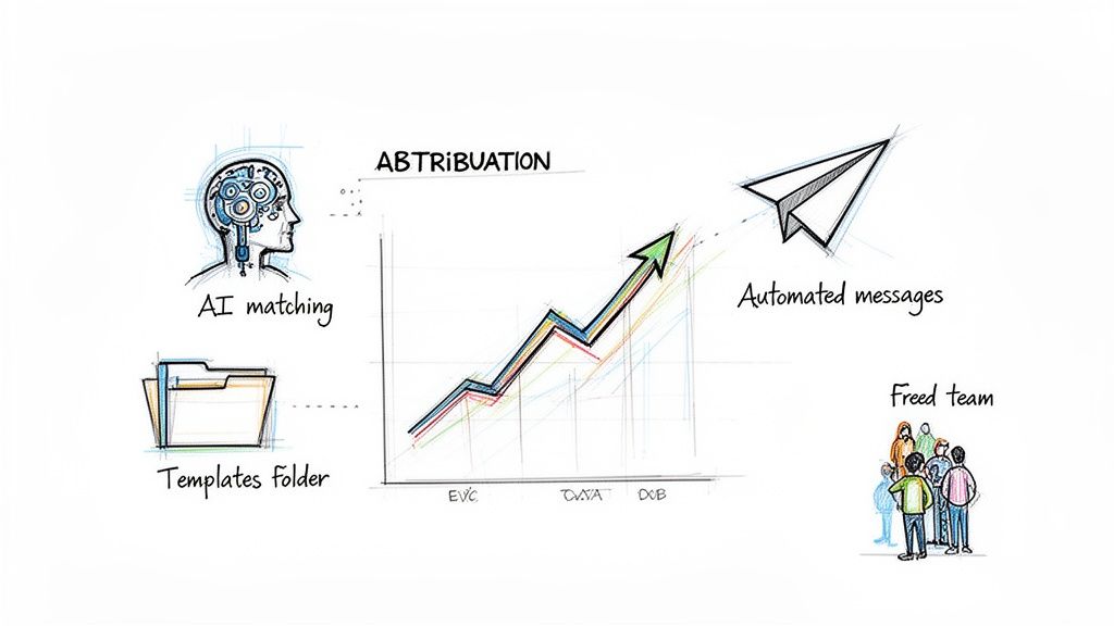 Whiteboard drawing showing AI matching, templates, automated messages, business growth, and a freed team.