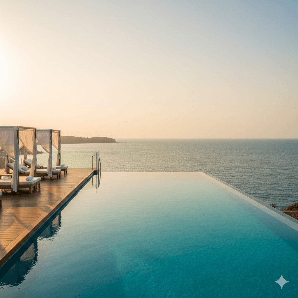 Luxury infinity pool deck overlooking the Arabian Sea view at M3M Goa