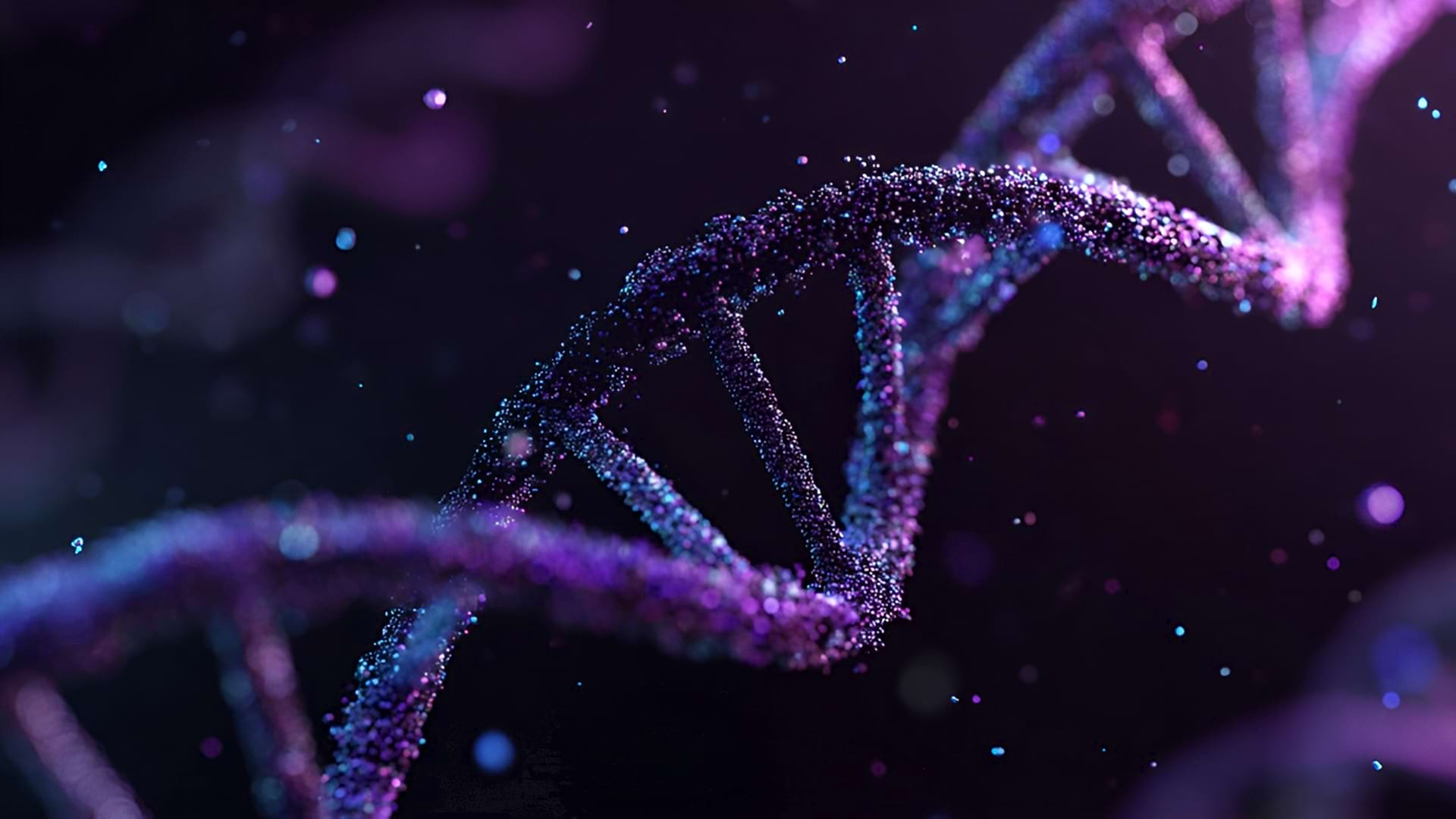 Abstract image of a purple and blue DNA double helix on a dark background. Particles float around, creating a sense of energy and mystery.